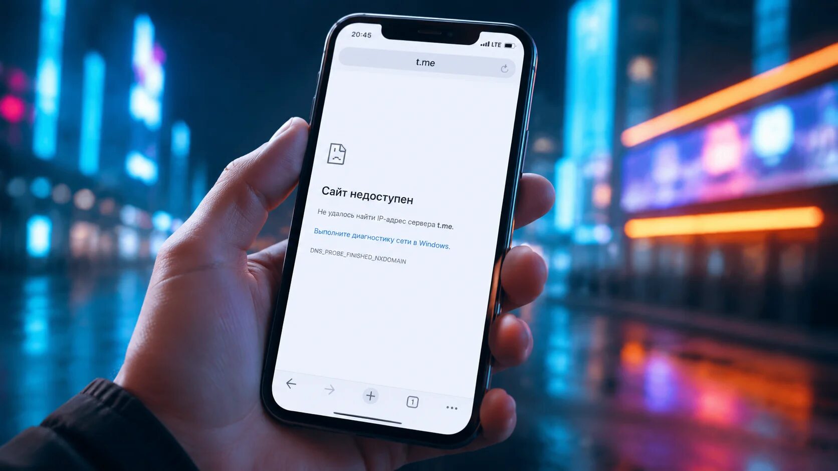 Смартфон с ошибкой открытия t.me
