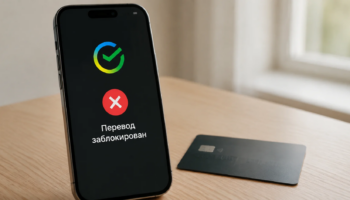 Крупный план смартфона с красным уведомлением банка о блокировке перевода