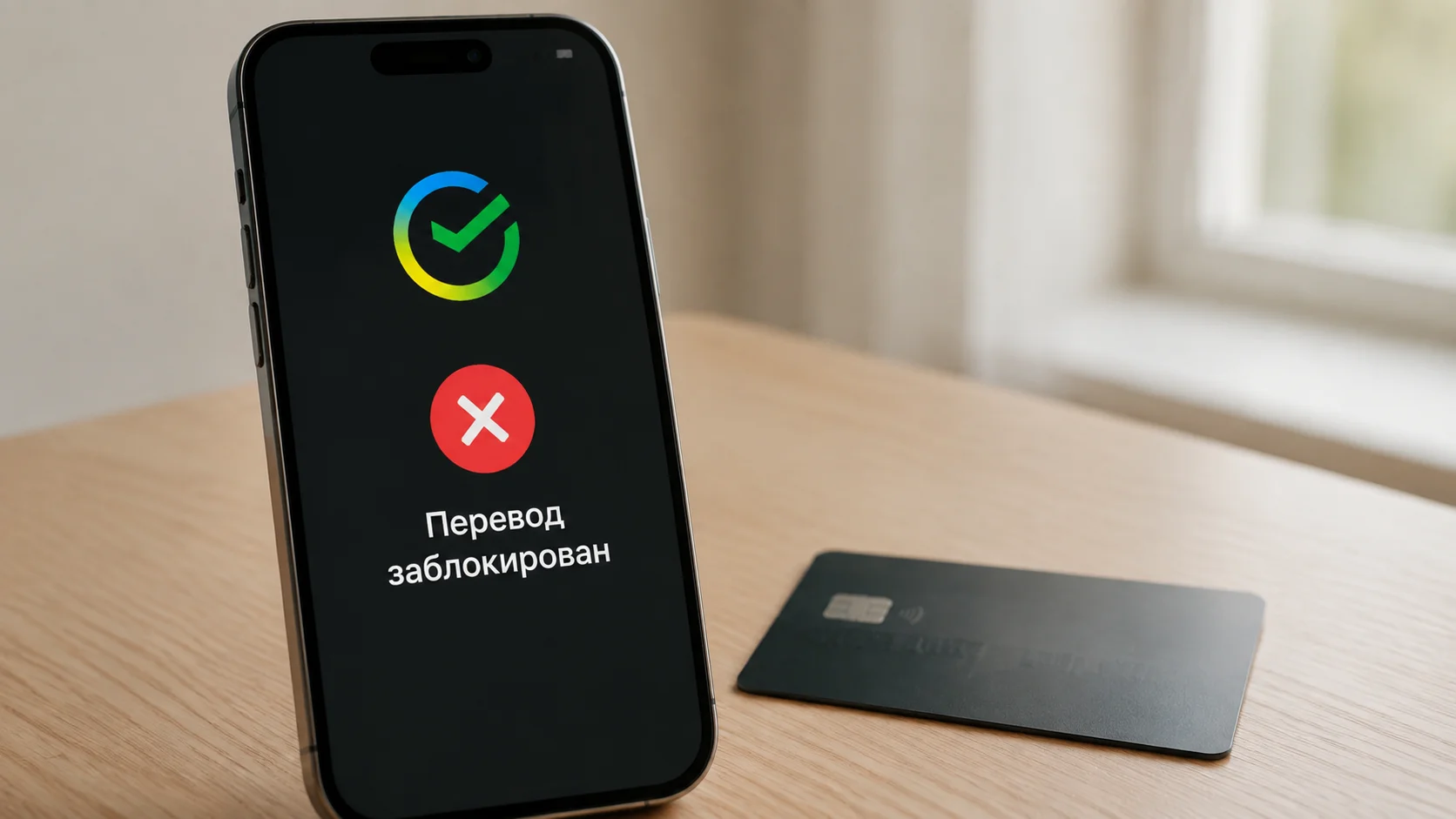 Крупный план смартфона с красным уведомлением банка о блокировке перевода