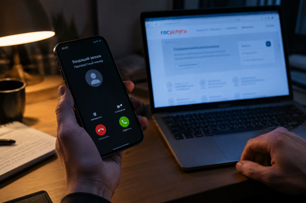 Рука с телефоном, на экране звонок от незнакомца, рядом ноутбук с Госуслугами