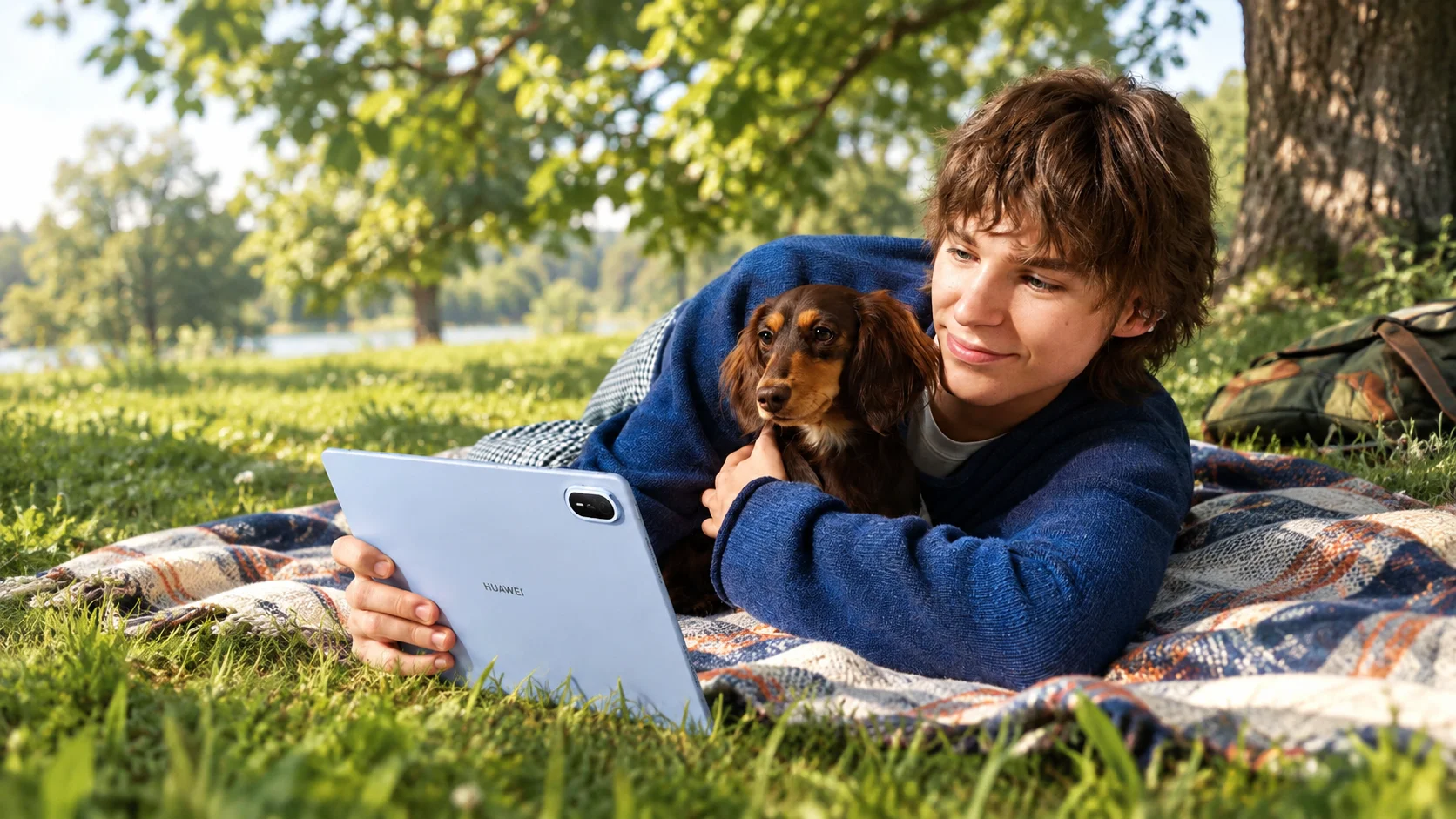 Мужчина с собакой на природе держит в руках HUAWEI MatePad Air