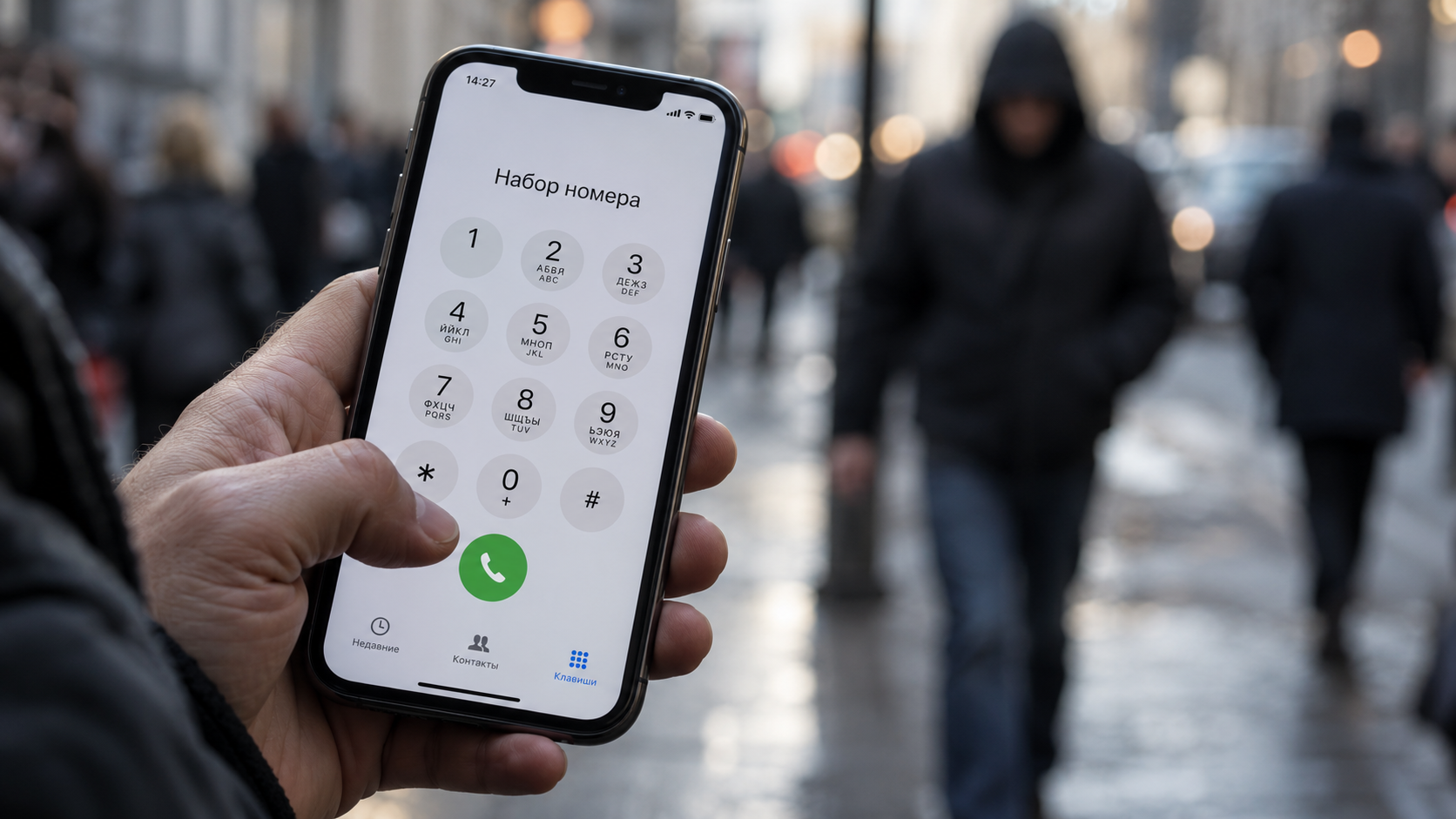 Рука держит смартфон на улице