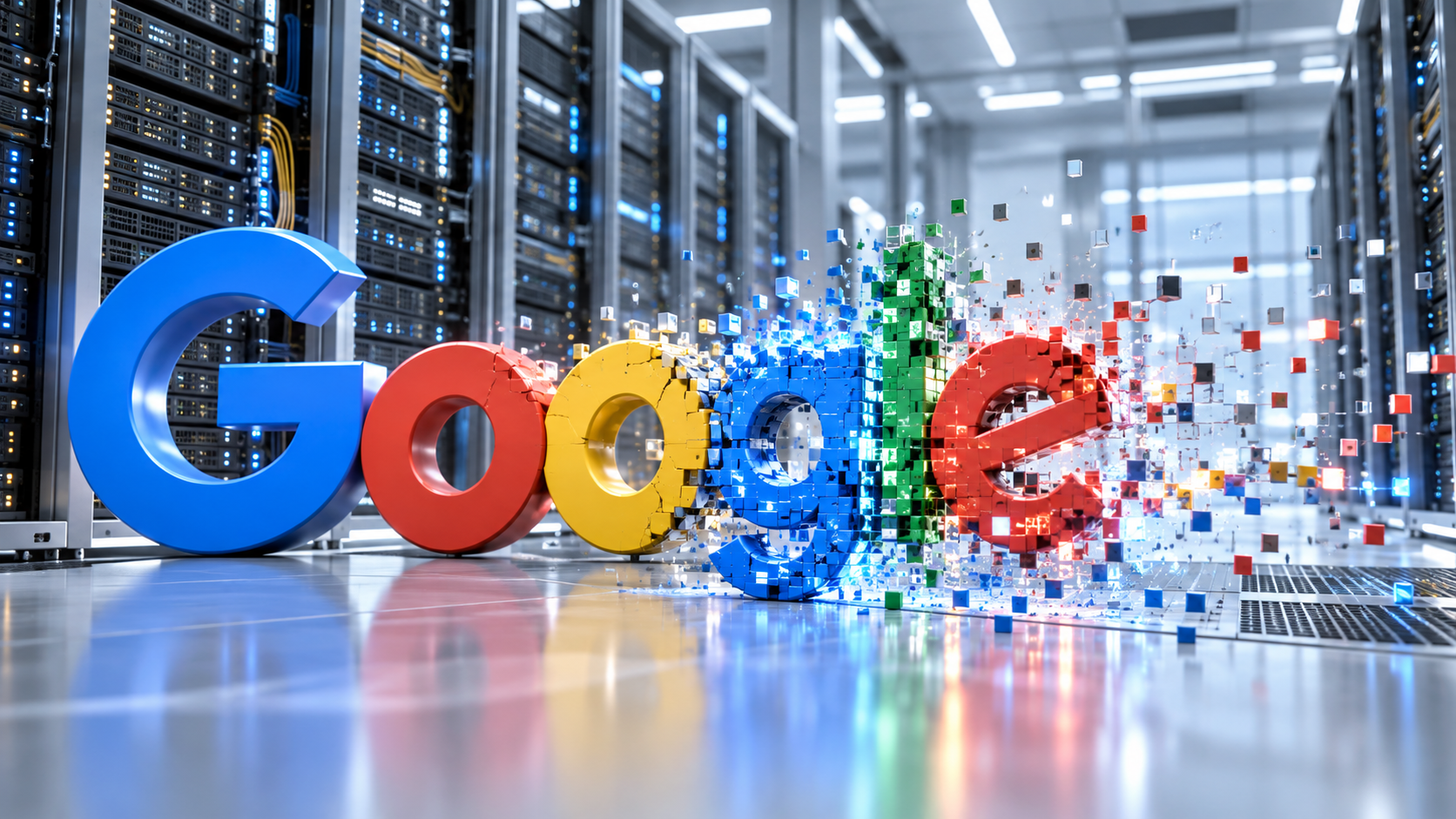 Логотип Google на фоне серверов.
