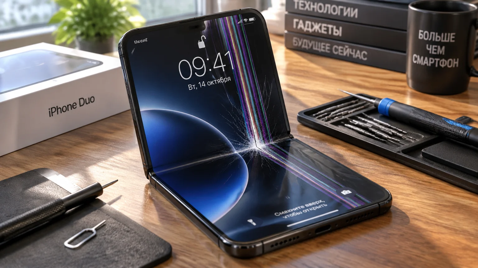 Складной смартфон iPhone Duo с трещиной на экране