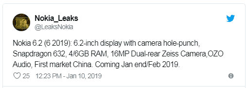 Nokia 6 (2019) может иметь вырез для фронтальной камеры